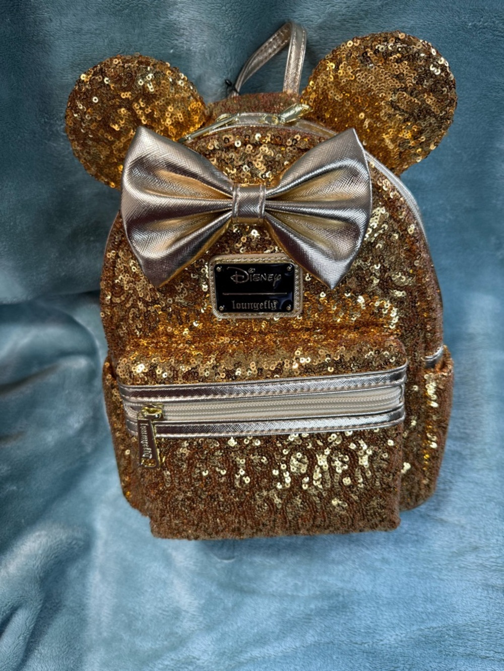 Loungefly Gold Sequin Minnie Mouse Ear Backpack with Metallic Bow